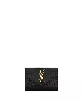 Маленький кошелек-конверт Cassandre из блестящей кожи с тиснением под крокодила Saint Laurent, цвет Black