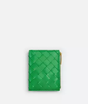 Маленький кошелек на молнии в технике интреччато Bottega Veneta, зеленый