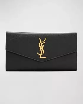 Маленький кошелек YSL Monogram с клапаном-конвертом и карманом на молнии из зерненой кожи Saint Laurent, цвет Black