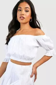 Маленький тектурный топ с открытыми плечами и буфами с рукавами Boohoo, белый