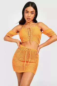 Маленький топ и юбка, связанные крючком, из двух частей Boohoo, оранжевый