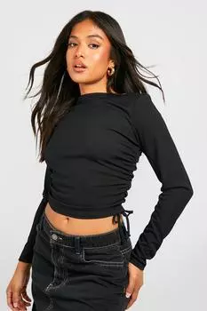 Маленький топ со сборами по бокам в ребку Boohoo, черный