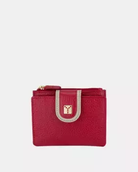 Маленький женский кошелек YANCCI из кожи с широкой контрастной окантовкой цвета ivory на шнурке и металлическим логотипом золотого цвета, красный