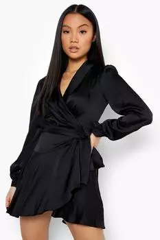 Маленькое атласное мини-платье с запахом Boohoo, черный