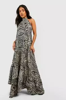 Маленькое мраморное платье макси с халтером Boohoo, черный