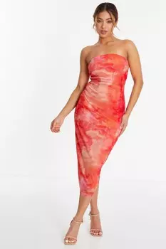 Маленькое оранжевое сетчатое платье-бандо миди в стиле тай-дай QUIZ Clothing