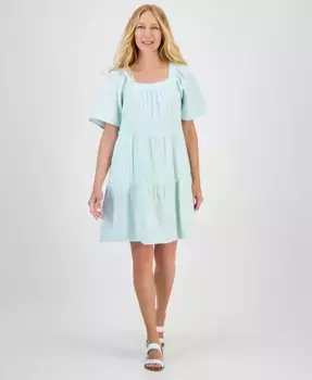 Маленькое платье с квадратным вырезом и короткими рукавами в ярусном крое Style & Co, зеленый