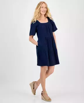 Маленькое платье с квадратным вырезом и короткими рукавами в ярусном крое Style & Co, синий