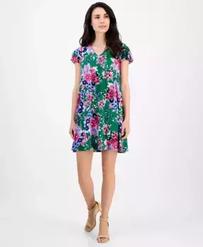 Маленькое платье-трапеция с цветочным принтом и рукавами-крылышками AK Anne Klein, зеленый