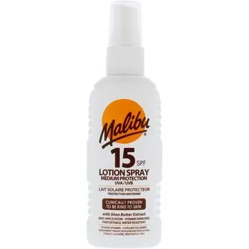 Malibu Солнцезащитный лосьон-спрей Sun Spf 15 со средней степенью защиты и экстрактом масла ши 100 мл