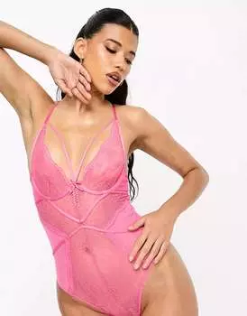 Малиновое кружевное боди без подкладок с глубоким вырезом Hunkemoller Isabelle