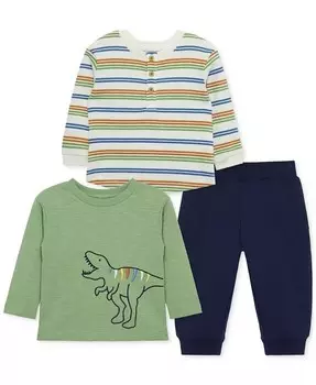 Малыши для мальчиков, 3 шт. Полосатый топ, топ с рисунком динозавра и брюки без застежек Little Me, синий