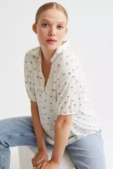 МАМА Блузка с пышными рукавами H&amp;M, белые/синие цветы