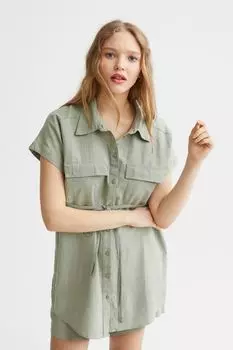 MAMA Рубашка из смесовой льняной ткани с короткими рукавами H&amp;M, хаки зеленый