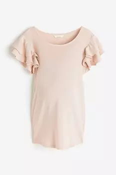 MAMA Трикотажная футболка с воланными рукавами H&M, светло-розовый