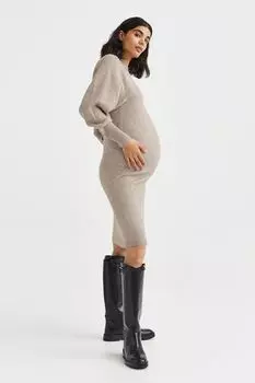MAMA Трикотажное платье с пышными рукавами H&amp;M, бежевый меланж