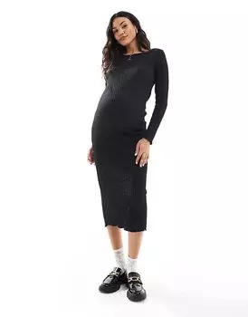 Mamalicious Maternity фактурное платье миди с вырезом-лодочкой черного цвета Mama.licious