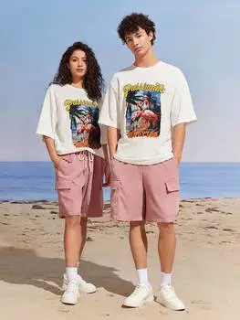 Manfinity футболка унисекс с тропическим буквенным принтом, с открытыми плечами, повседневная, 1 шт, белый цвет