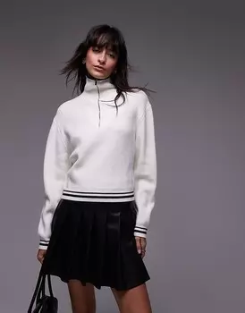 Mango – Белый свитер с молнией под шеей и контрастной отделкой