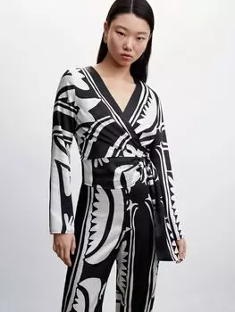 Mango Lena Атласный комбинезон с абстрактным принтом, черный/белый