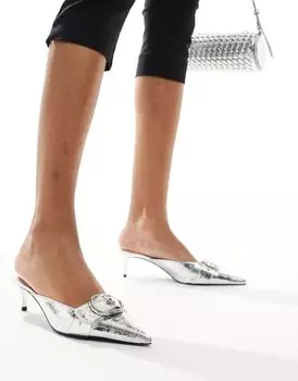 Mango – серебряные туфли на высоком каблуке с пряжкой спереди