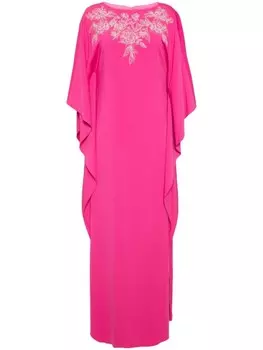 Marchesa Notte платье-кафтан из крепа с цветочной вышивкой, розовый