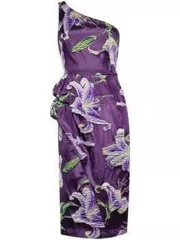 Marchesa Notte платье миди на одно плечо, фиолетовый