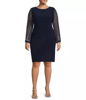 Marina Плюс размер Длинные рукава из бисера Платье-футляр из джерси с круглым вырезом, синий