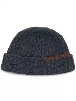 Marni шерстяная шапка бини с вышитым логотипом, серый