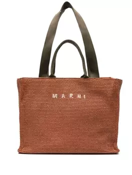Marni сумка-тоут из рафии с вышитым логотипом, оранжевый