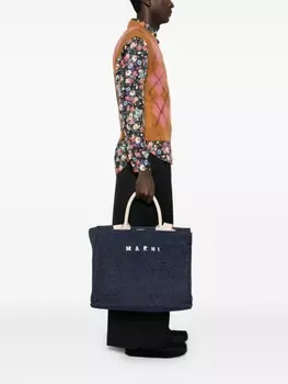 Marni сумка-тоут из рафии с вышитым логотипом, синий