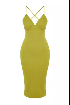Масляно-зеленое приталенное вязаное вечернее платье Trendyol, зеленый