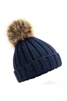 Массивная шапка-бини с меховым помпоном Beechfield, темно-синий