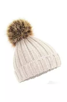 Массивная шапка-бини с меховым помпоном Beechfield, бежевый