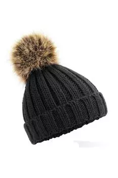 Массивная шапка-бини с меховым помпоном Beechfield, черный