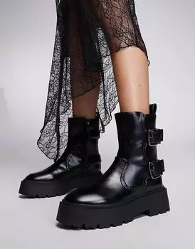 Массивные байкерские ботинки черного цвета River Island