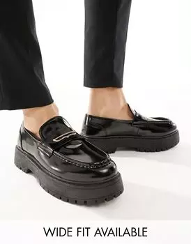 Массивные лоферы ASOS DESIGN из черной искусственной кожи с золотым трензелем