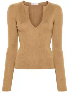 Max Mara джемпер в рубчик с V-образным вырезом, нейтральный цвет