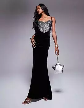 Макси-платье из бархата премиум-класса с металлическим лифом черного цвета ASOS DESIGN