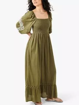 Макси-платье из хлопка с пышными рукавами Accessorize, хаки