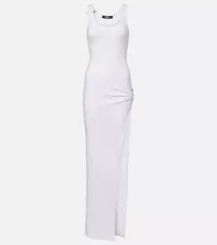 Макси-платье из хлопковой смеси с драпировкой и булавкой Versace, Optical White