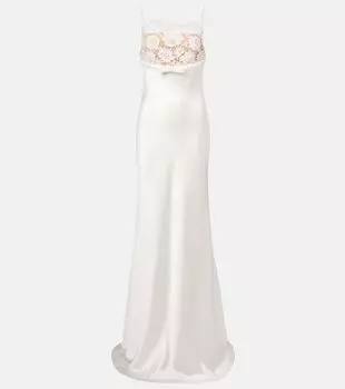 Макси-платье из сатина с кружевной отделкой Self-Portrait, белый