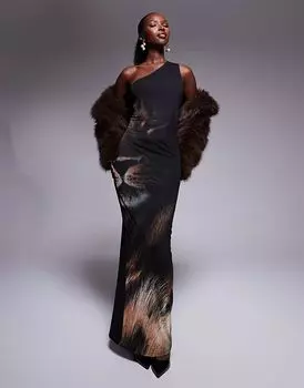 Макси-платье из сетки с леопардовым принтом и асимметричным вырезом сзади в черном цвете Kaiia