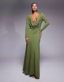 Макси-платье из трикотажного джерси с длинными рукавами и воротником-хомутиком цвета хаки ASOS DESIGN