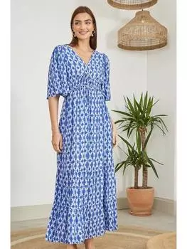 Макси-платье с ацтекским принтом и перекрестной спинкой сзади Yumi, синий/белый