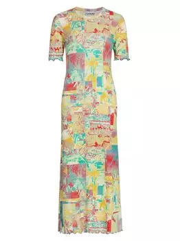 Макси-платье с короткими рукавами и принтом GANNI, разноцветный