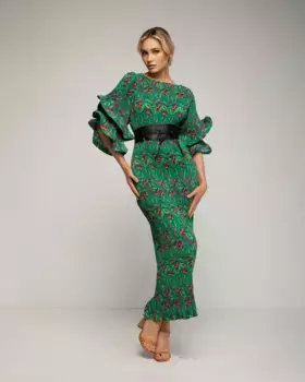 Макси-платье с плиссированным принтом и рюшами на рукавах Tantra, зеленый