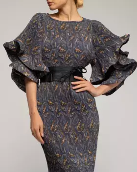 Макси-платье с плиссированным принтом и рюшами на рукавах Tantra, серый