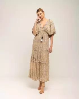 Макси-платье с принтом и пышными рукавами Tantra, бежевый
