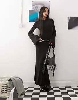 Макси-платье с расклешенными рукавами и открытой спиной черного цвета Princess Polly